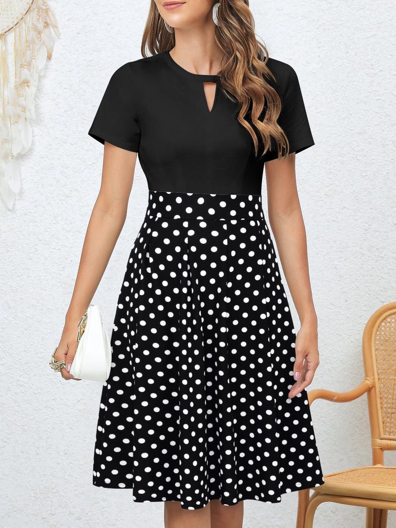 YATHON Dresses for Women Vintage Black Dot Front O V-Neck Fall Pleated Pockets Party Cocktail Business Swing Casual Wear to Work Dresses (S, YT018-Black Dot) - Image 2